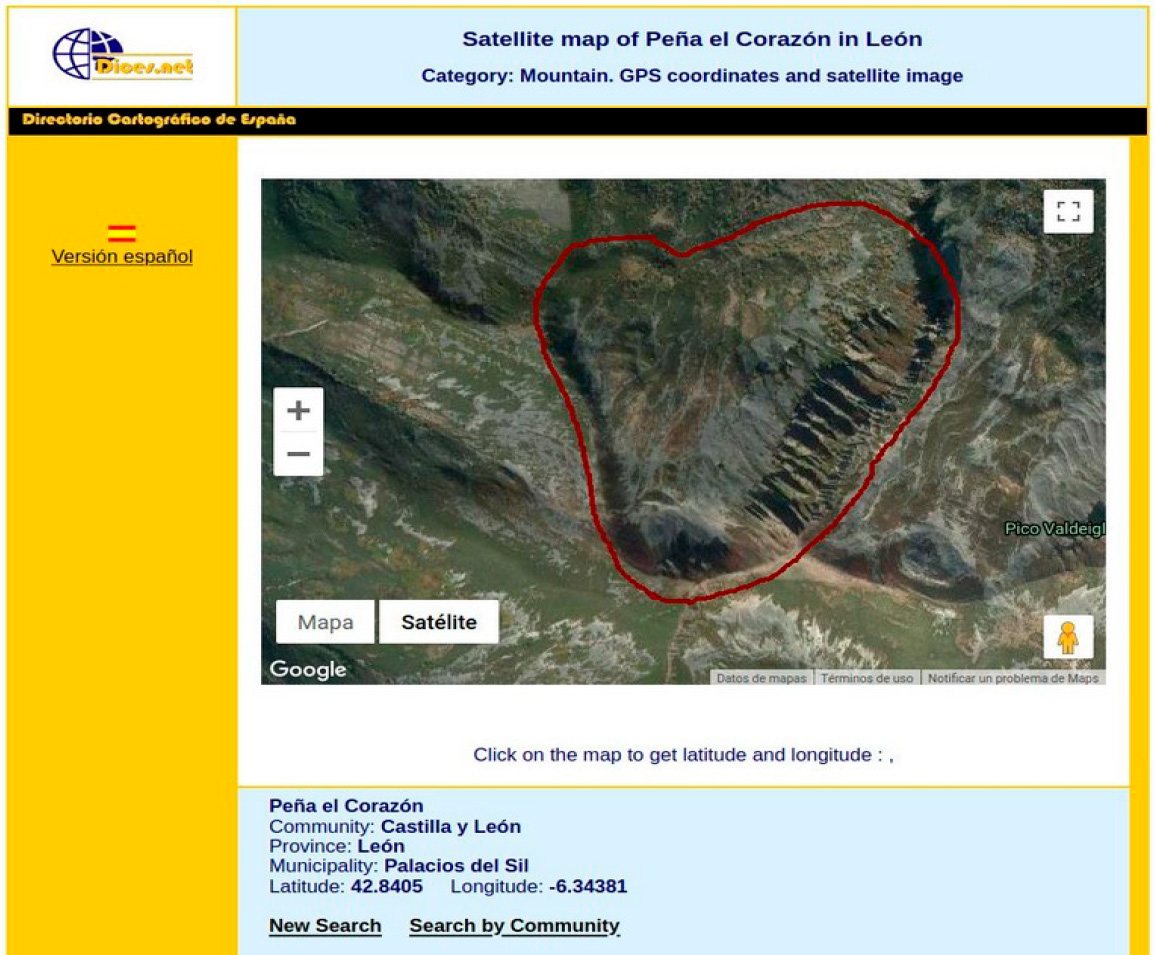 Figura 2. Foto satelital de la Peña El Corazón, Palacios del Sil, León. Fuente: dices.net