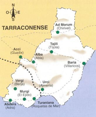 Principales poblaciones de la provincia de Almería en el siglo III con las calzadas descritas en el 