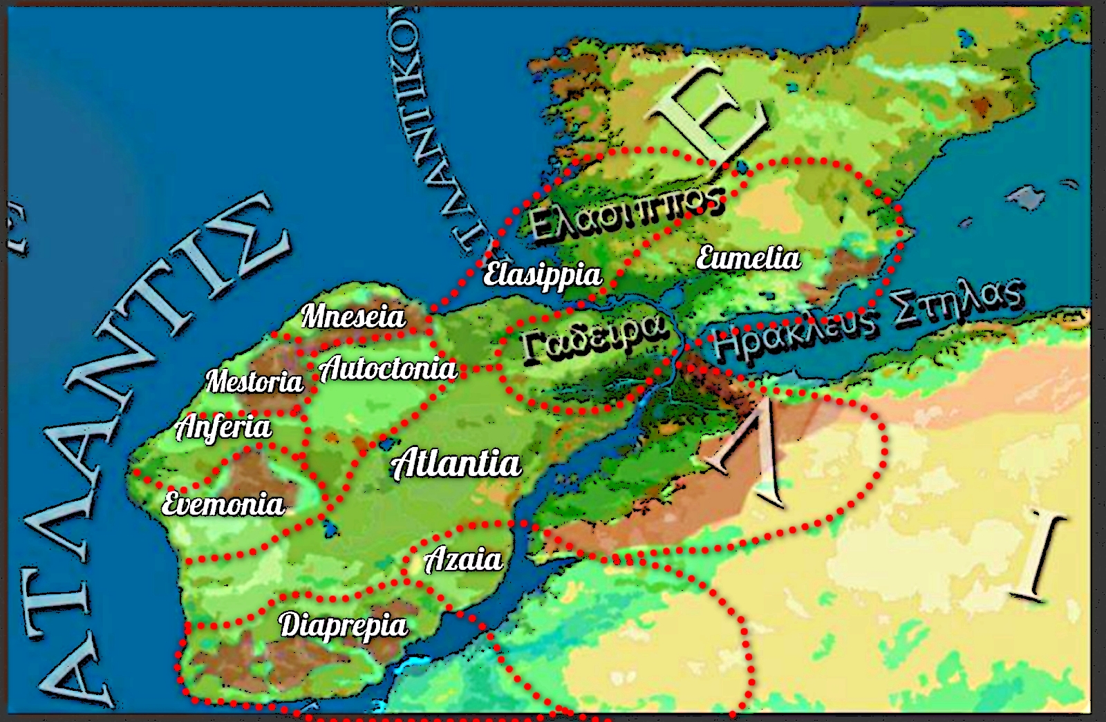 Reinos de la Isla Atlántida de Platón – Reconstrucción Paleogeográfica. Extensión máxima y ubicación hipotética basada en las fuentes textuales.