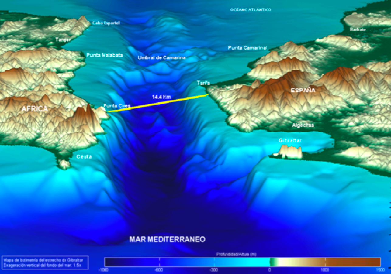 Batimetría del estrecho de Gibraltar en 3D con exageración vertical del fondo del mar. Se pueden apreciar el Umbral de Camarinal y el Umbral de Espartel como zonas más elevadas y posibles 