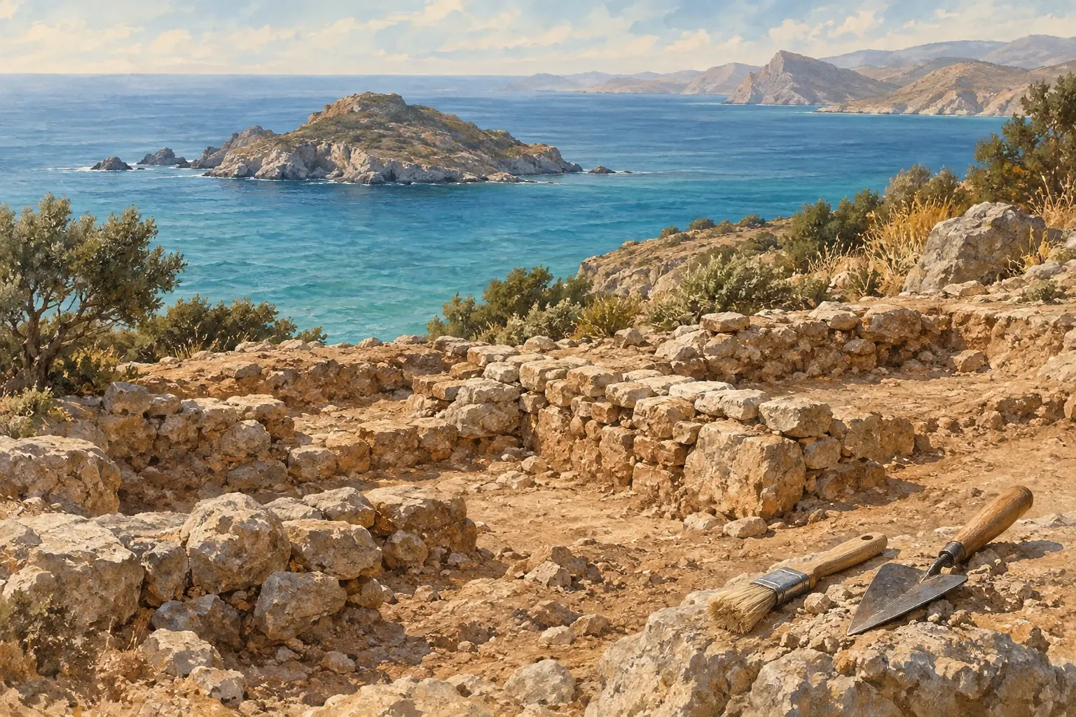 Ilustración conceptual generada con IA de trabajos arqueológicos junto al Mediterráneo; no representa los restos excavados en la isla del Fraile.